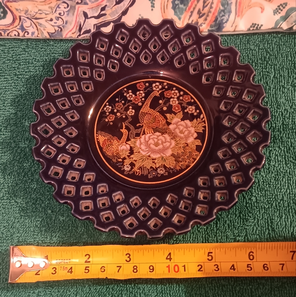Vintage  Lattice Plate  Peacock Design Floral Blue Japan